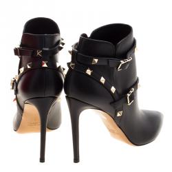 Pre Owned Valentino Black Leather Rockstud Pointed Toe Ankle Boots Size 38