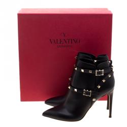 Pre Owned Valentino Black Leather Rockstud Pointed Toe Ankle Boots Size 38