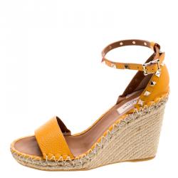 Pre Owned Valentino Tangerine Orange Leather Rockstud Espadrille Wedge Sandals Size 38
