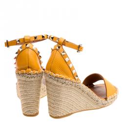 Pre Owned Valentino Tangerine Orange Leather Rockstud Espadrille Wedge Sandals Size 38