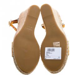 Pre Owned Valentino Tangerine Orange Leather Rockstud Espadrille Wedge Sandals Size 38