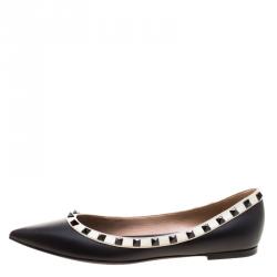 Pre Owned Valentino Black Leather Rockstud Pointed Toe Ballet Flats Size 39.5