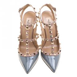 Pre Owned Valentino Grey Patent and Beige Leather Rockstud Sandals Size 39.5