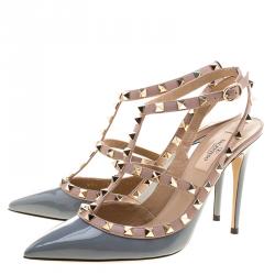 Pre Owned Valentino Grey Patent and Beige Leather Rockstud Sandals Size 39.5