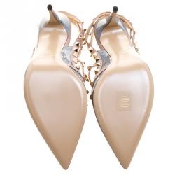 Pre Owned Valentino Grey Patent and Beige Leather Rockstud Sandals Size 39.5