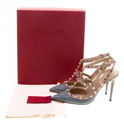 Pre Owned Valentino Grey Patent and Beige Leather Rockstud Sandals Size 39.5