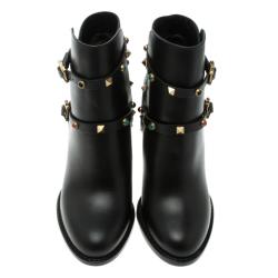 Pre Owned Valentino Black Leather Rolling Rockstud Ankle Boots Size 37