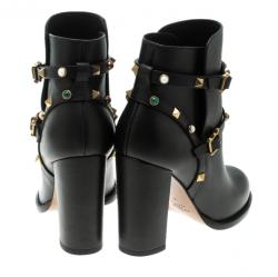 Pre Owned Valentino Black Leather Rolling Rockstud Ankle Boots Size 37