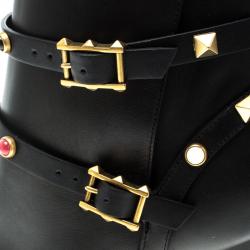 Pre Owned Valentino Black Leather Rolling Rockstud Ankle Boots Size 37