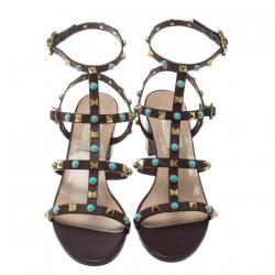 Pre Owned Valentino Mocha Brown Leather Rolling Rockstud Cabochon Gladiator Sandals Size 36