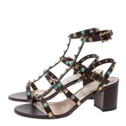 Pre Owned Valentino Mocha Brown Leather Rolling Rockstud Cabochon Gladiator Sandals Size 36