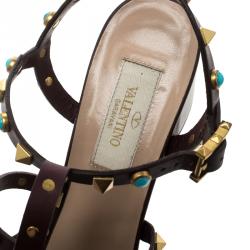 Pre Owned Valentino Mocha Brown Leather Rolling Rockstud Cabochon Gladiator Sandals Size 36