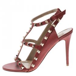 Pre Owned Valentino Red Leather Rockstud Cage Sandals Size 37