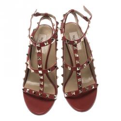 Pre Owned Valentino Red Leather Rockstud Cage Sandals Size 37