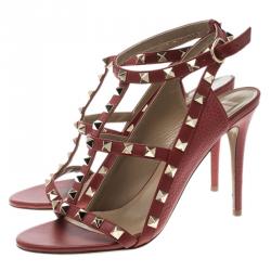 Pre Owned Valentino Red Leather Rockstud Cage Sandals Size 37