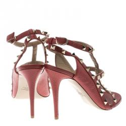 Pre Owned Valentino Red Leather Rockstud Cage Sandals Size 37