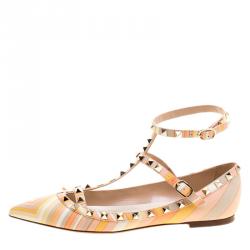 Pre Owned Valentino Multicolor Leather Native Couture 1975 Print Rockstud Pointed Toe Flats Size 39