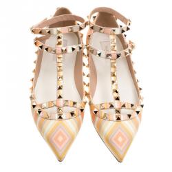Pre Owned Valentino Multicolor Leather Native Couture 1975 Print Rockstud Pointed Toe Flats Size 39
