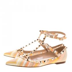 Pre Owned Valentino Multicolor Leather Native Couture 1975 Print Rockstud Pointed Toe Flats Size 39