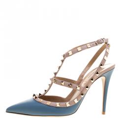 Pre Owned Valentino Pale Blue/Beige Leather Rockstud Sandals Size 40