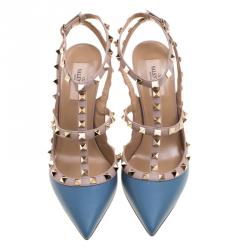 Pre Owned Valentino Pale Blue/Beige Leather Rockstud Sandals Size 40