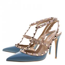 Pre Owned Valentino Pale Blue/Beige Leather Rockstud Sandals Size 40