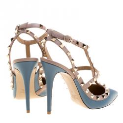Pre Owned Valentino Pale Blue/Beige Leather Rockstud Sandals Size 40
