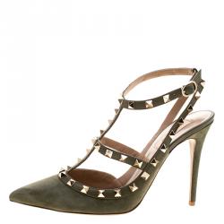 Pre Owned Valentino Green Suede Rockstud Sandals Size 40