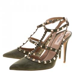 Pre Owned Valentino Green Suede Rockstud Sandals Size 40