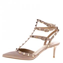 Pre Owned Valentino Beige Patent Leather Rockstud Sandals Size 37.5