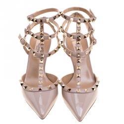 Pre Owned Valentino Beige Patent Leather Rockstud Sandals Size 37.5
