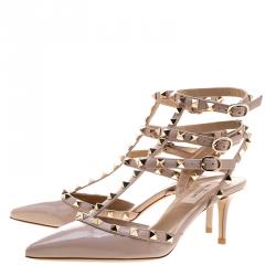 Pre Owned Valentino Beige Patent Leather Rockstud Sandals Size 37.5