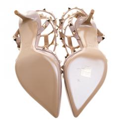 Pre Owned Valentino Beige Patent Leather Rockstud Sandals Size 37.5