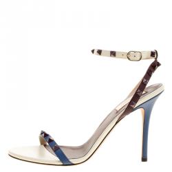 Pre Owned Valentino Tricolor Leather Rockstud Ankle Strap Sandals Size 40
