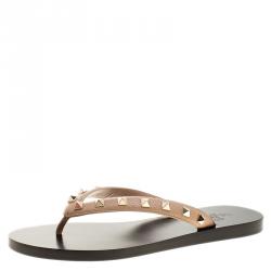 Pre Owned Valentino Beige Leather Rockstud Flat Thong Sandals Size 37.5