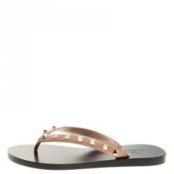 Pre Owned Valentino Beige Leather Rockstud Flat Thong Sandals Size 37.5