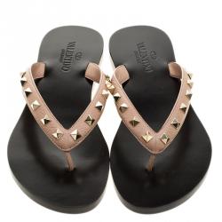 Pre Owned Valentino Beige Leather Rockstud Flat Thong Sandals Size 37.5