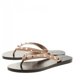 Pre Owned Valentino Beige Leather Rockstud Flat Thong Sandals Size 37.5
