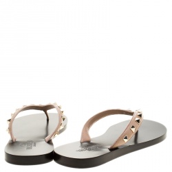 Pre Owned Valentino Beige Leather Rockstud Flat Thong Sandals Size 37.5
