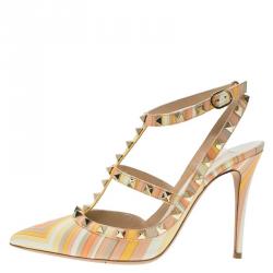 Pre Owned Valentino Native Couture 1975 Print Leather Rockstud Sandals Size 38.5