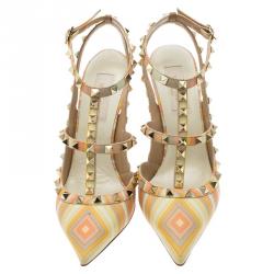 Pre Owned Valentino Native Couture 1975 Print Leather Rockstud Sandals Size 38.5