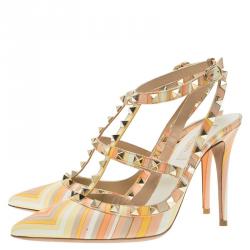 Pre Owned Valentino Native Couture 1975 Print Leather Rockstud Sandals Size 38.5