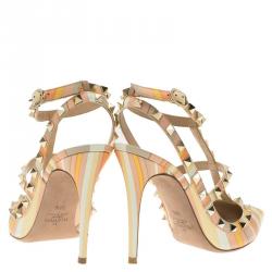 Pre Owned Valentino Native Couture 1975 Print Leather Rockstud Sandals Size 38.5