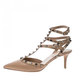 Pre Owned Valentino Beige Leather Rolling Rockstud Sandals Size 38.5