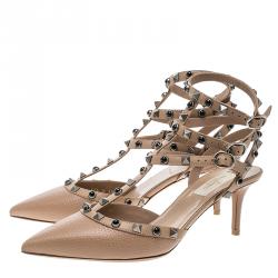 Pre Owned Valentino Beige Leather Rolling Rockstud Sandals Size 38.5