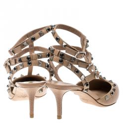 Pre Owned Valentino Beige Leather Rolling Rockstud Sandals Size 38.5