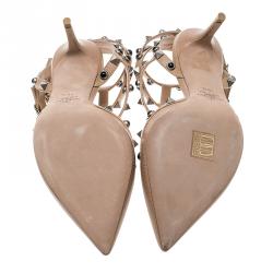 Pre Owned Valentino Beige Leather Rolling Rockstud Sandals Size 38.5