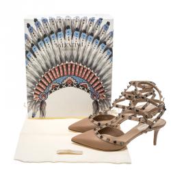 Pre Owned Valentino Beige Leather Rolling Rockstud Sandals Size 38.5