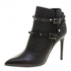 Pre Owned Valentino Black Leather Rolling Rockstud Pointed Toe Ankle Boots Size 38.5