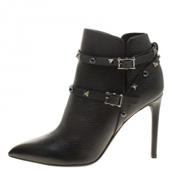Pre Owned Valentino Black Leather Rolling Rockstud Pointed Toe Ankle Boots Size 38.5